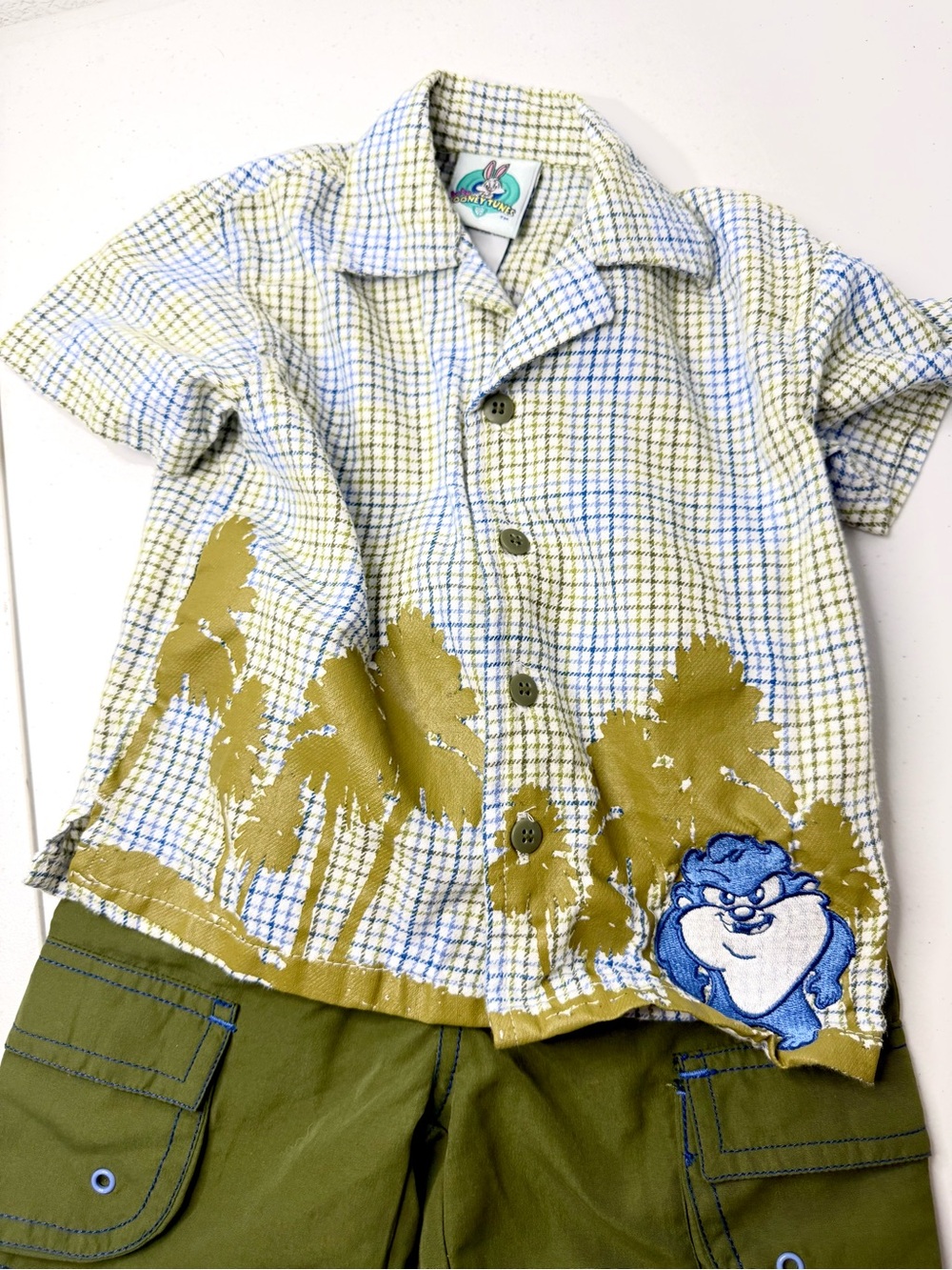 Vintage Baby Looney Tunes Olive & Cream Plaid Two-Piece Set with Palm Print